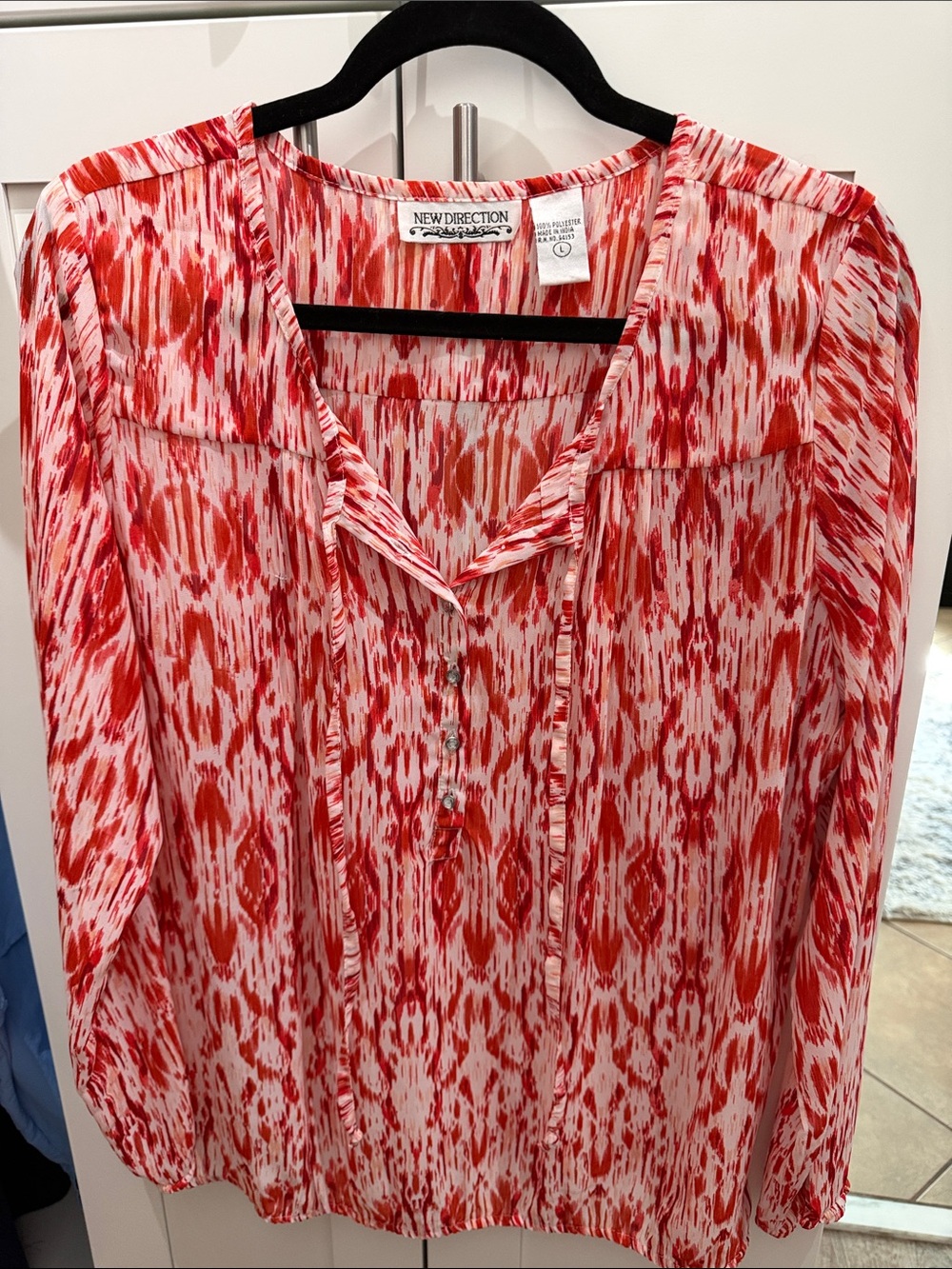 new directions Red and White Ikat-Print Button Front Blouse